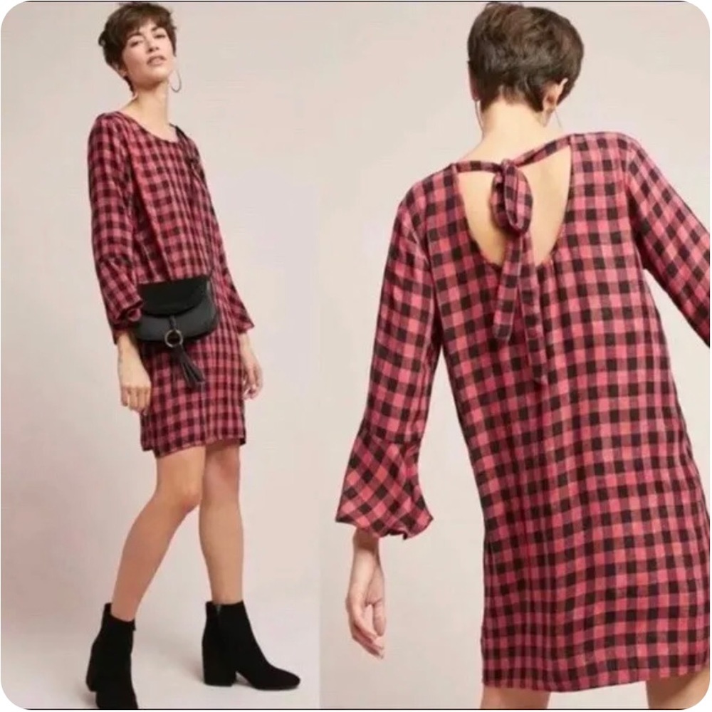 Anthropologie | Cloth & Stone Buffalo Plaid Tunic Shift Dress Bell Sleeve Sz M